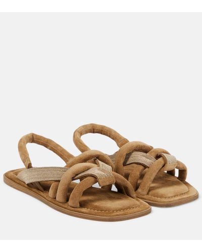 Brunello Cucinelli Embellished Suede Sandals - Brown