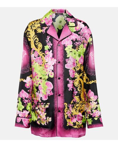Versace Orchid Barocco Silk Twill Pajama Shirt - Pink