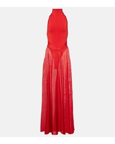 Alaïa Vestido largo de jersey y malla - Rojo