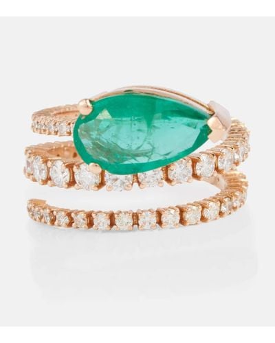 SHAY Teardrop Spiral 18kt Gold Ring With White Diamonds And Emeralds - Green