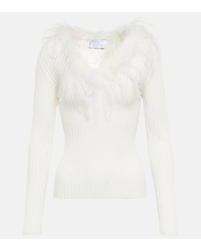 GIUSEPPE DI MORABITO Feather-trimmed Knitted Top - White
