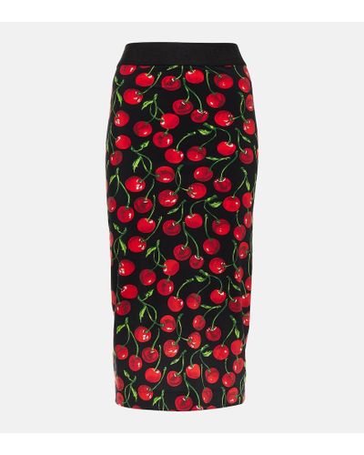 Dolce & Gabbana Technical jersey calf-length skirt with elasticated band with logo and cherry print - Rosso