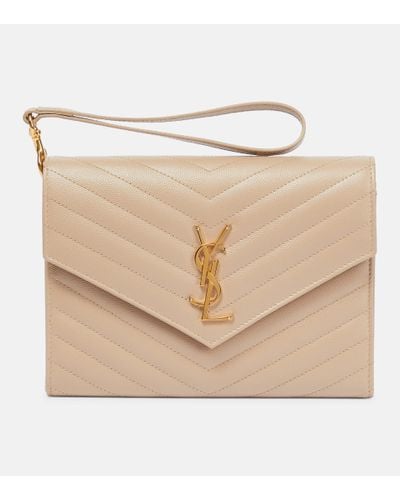 Saint Laurent Monogram Quilted Leather Clutch - Natural