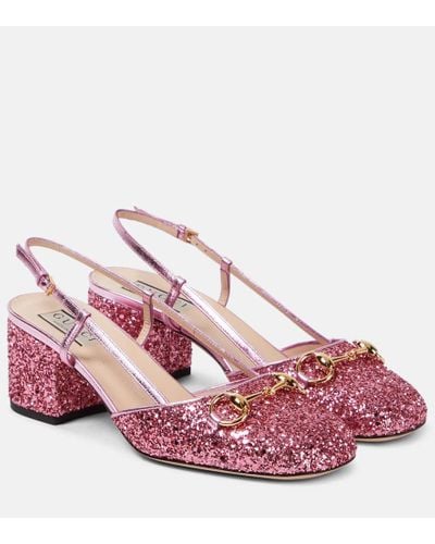 Gucci Lady Horsebit Glitter Slingback Pumps - Pink