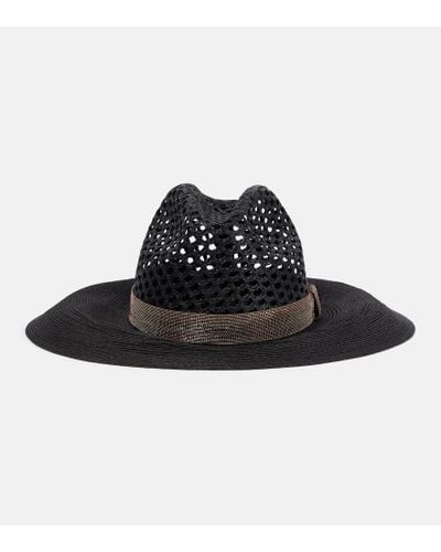 Brunello Cucinelli Embellished Straw Fedora Hat - Black