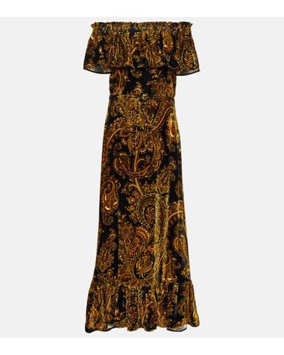 Etro Off-the-shoulder Belted Paisley-print Velvet Maxi Dress - Brown