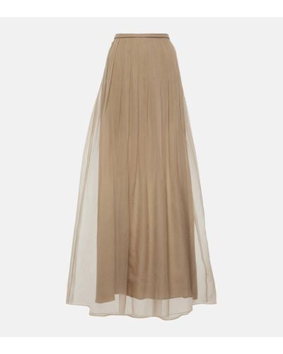 Brunello Cucinelli High-rise Pleated Silk Maxi Skirt - Natural