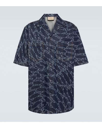 Gucci Camisa de denim con GG ondulada - Azul