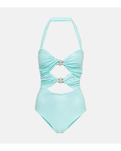 Self-Portrait Embellished Halterneck Swimsuit - Blue