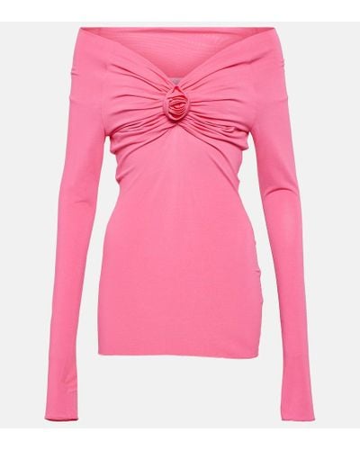 Blumarine Floral-applique Off-shoulder Jersey Top - Pink