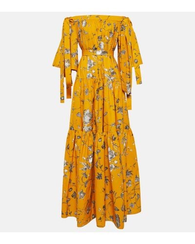 Erdem Schulterfreie Robe Aus Baumwoll-faille Mit Blumenprint Und Schleifendetail - Gelb