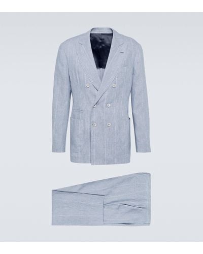 Brunello Cucinelli Striped Double-breasted Linen Suit - Blue