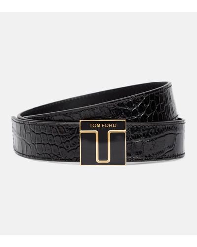 Tom Ford Logo Croc-effect Patent Leather Belt - Black
