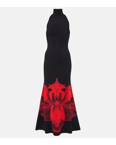Alexander McQueen Vestido largo de cuello alto floral - Rojo