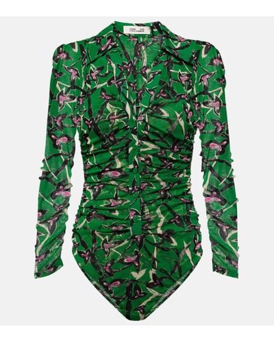 Diane von Furstenberg Giorgi Printed Mesh Bodysuit - Green