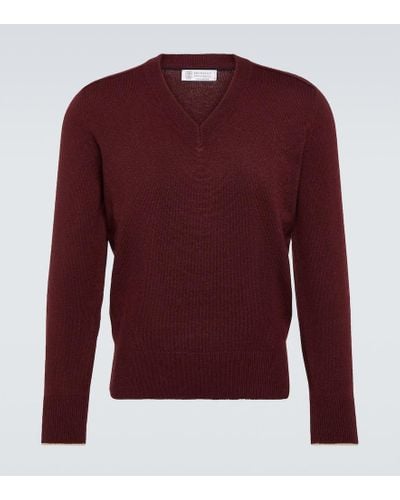Brunello Cucinelli - Clay Cashmere Elbow Patch V-Neck Sweater