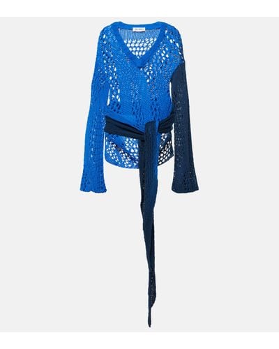 The Attico Belted Printed Cotton Crochet Minidress - Blue