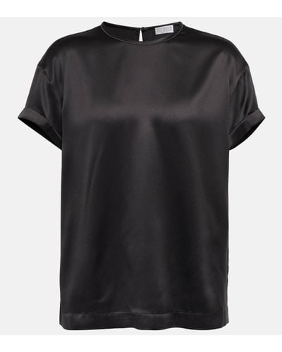 Brunello Cucinelli T-shirt en satin de soie melangee - Noir