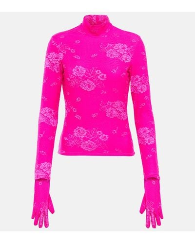 Balenciaga Floral Lace Mockneck Gloved Top - Pink