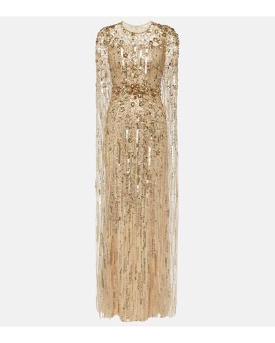 Jenny Packham Caped Sequined Gown - Natural