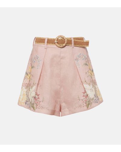 Zimmermann Waverly Belted Floral Linen Shorts - Pink