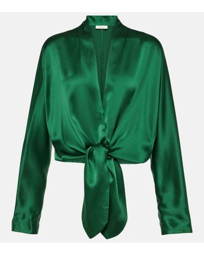 The Sei Tie-front Silk Satin Blouse - Green