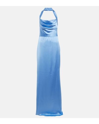 Rasario Draped Halterneck Satin Gown - Blue