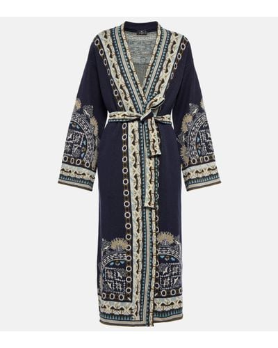 Etro Jacquard Silk And Linen-blend Robe - Blue