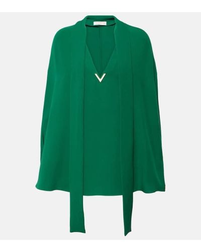 Valentino Caped Tie-neck Silk Blouse - Green