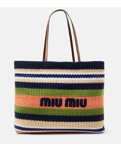 Miu Miu Logo Embroidered Striped Tote Bag - Black