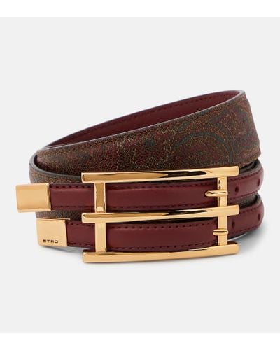 Etro Double Buckle Slim Paisley Leather Belt - Brown