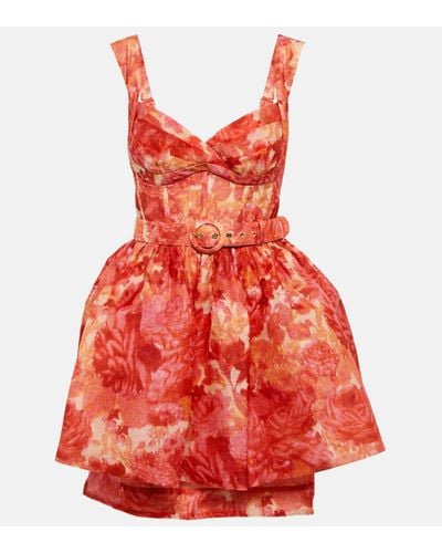 Zimmermann Mini-robe En Lin Et Soie Mélangés À Imprimé Fleuri High Tide - Rouge