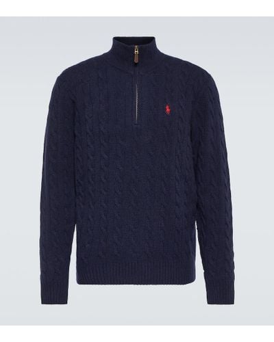 Polo Ralph Lauren Cable-knit Wool And Cashmere Half-zip Sweater - Blue