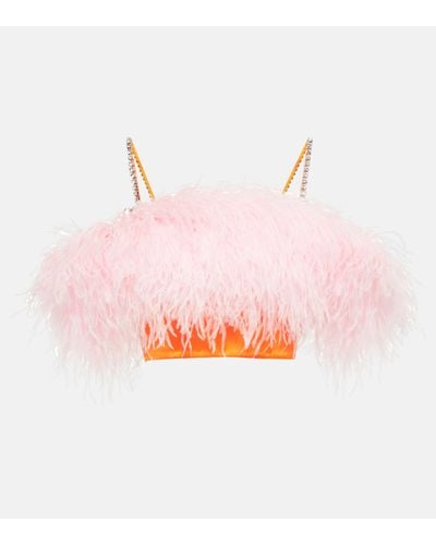 Self-Portrait Feather-trimmed Satin Crop Top - Pink