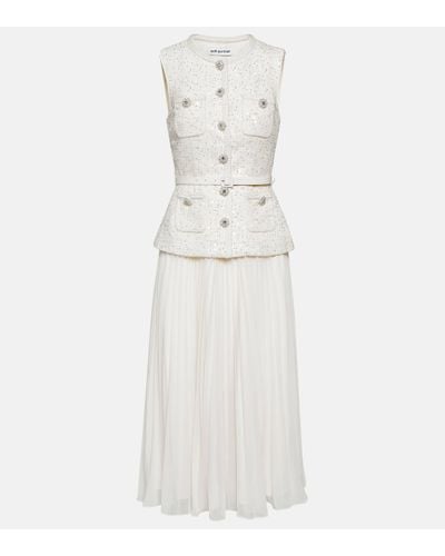 Self-Portrait Sequin-embellished Pleated-hem Woven Midi Dress - White