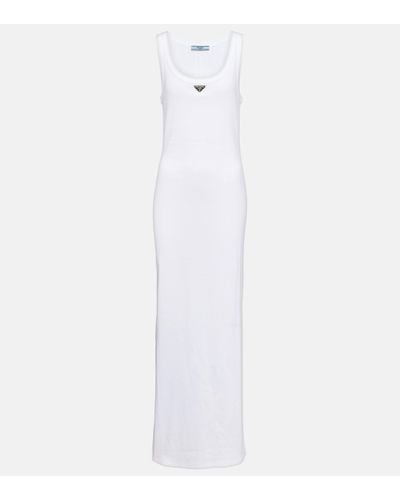 Prada Robe longue en coton a logo - Blanc