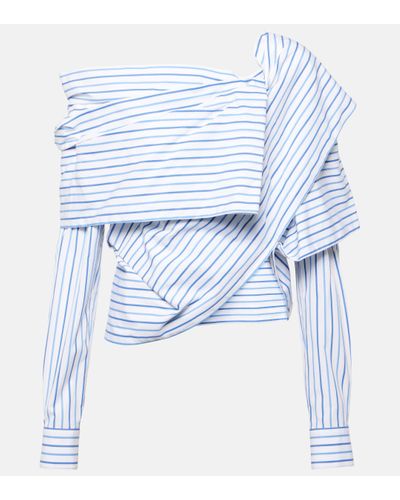 Dries Van Noten Striped Off-shoulder Cotton Poplin Shirt - Blue