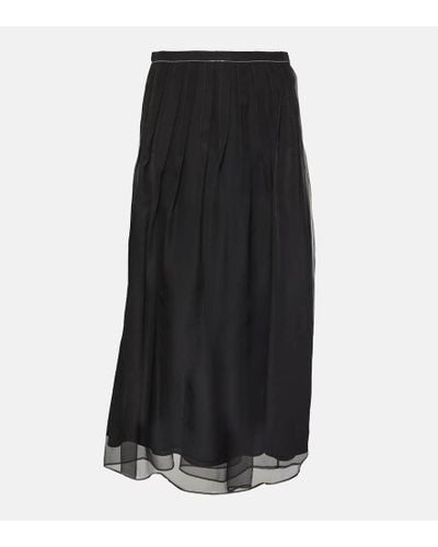 Brunello Cucinelli Embellished Pleated Silk Midi Skirt - Black