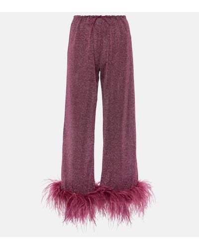Oséree Lumiere Plumage Feather-trimmed Lame Pants - Red