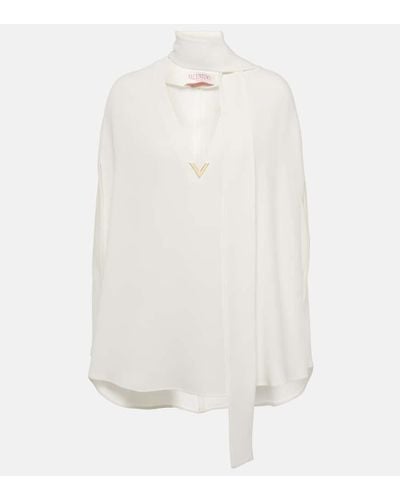 Valentino Caped Tie-neck Silk Blouse - White