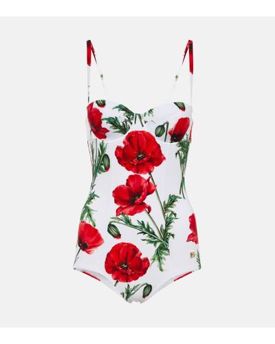 Dolce & Gabbana Poppy-print Balconette One-piece Swimsuit - Red