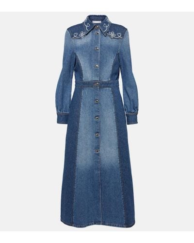 Chloé Vestido camisero en denim bordado - Azul