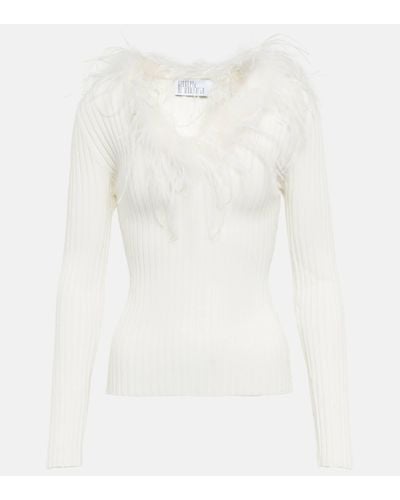 GIUSEPPE DI MORABITO Feather-trimmed Knitted Top - White
