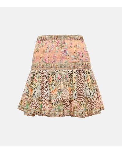 Camilla Fluted Printed Silk Crepe De Chine Mini Skirt - Natural