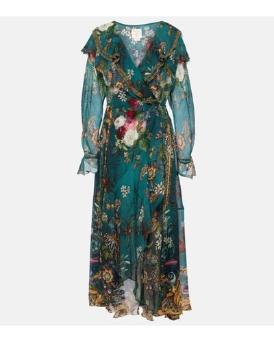 Camilla Ruffled Silk Midi Wrap Dress - Green