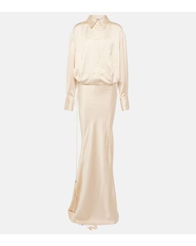 The Attico Feather-trimmed Satin Gown - Natural