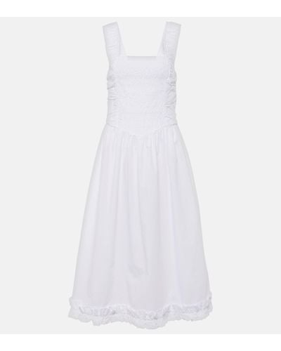 Ganni Shirred Cotton Poplin Midi Dress - White