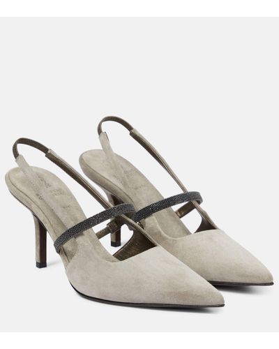 Brunello Cucinelli Embellished Suede Slingback Court Shoes - White