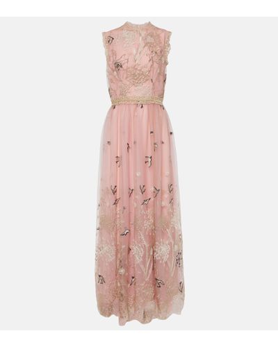 Costarellos Robe longue brodee en tulle - Rose