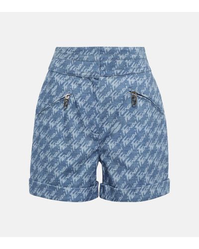Fendi Shorts in chambray a vita alta con logo - Blu